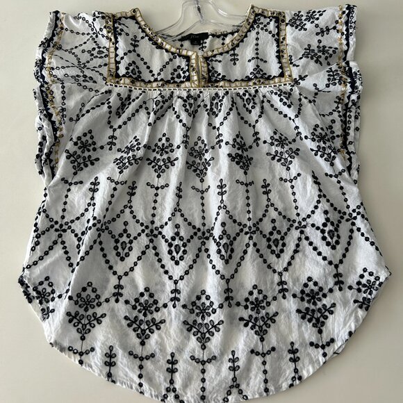 J Crew Embroidered Eyelet Flutter Top Blouse Shirt White Black Gold Small - Picture 6 of 9